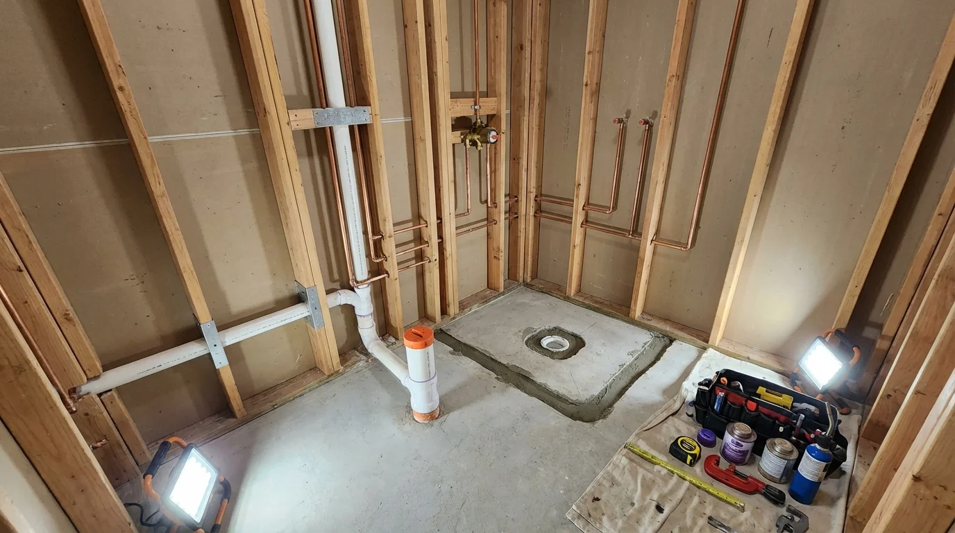 Bathroom rough-in plumbing during remodel by Johns Plumbing LLC in McClusky