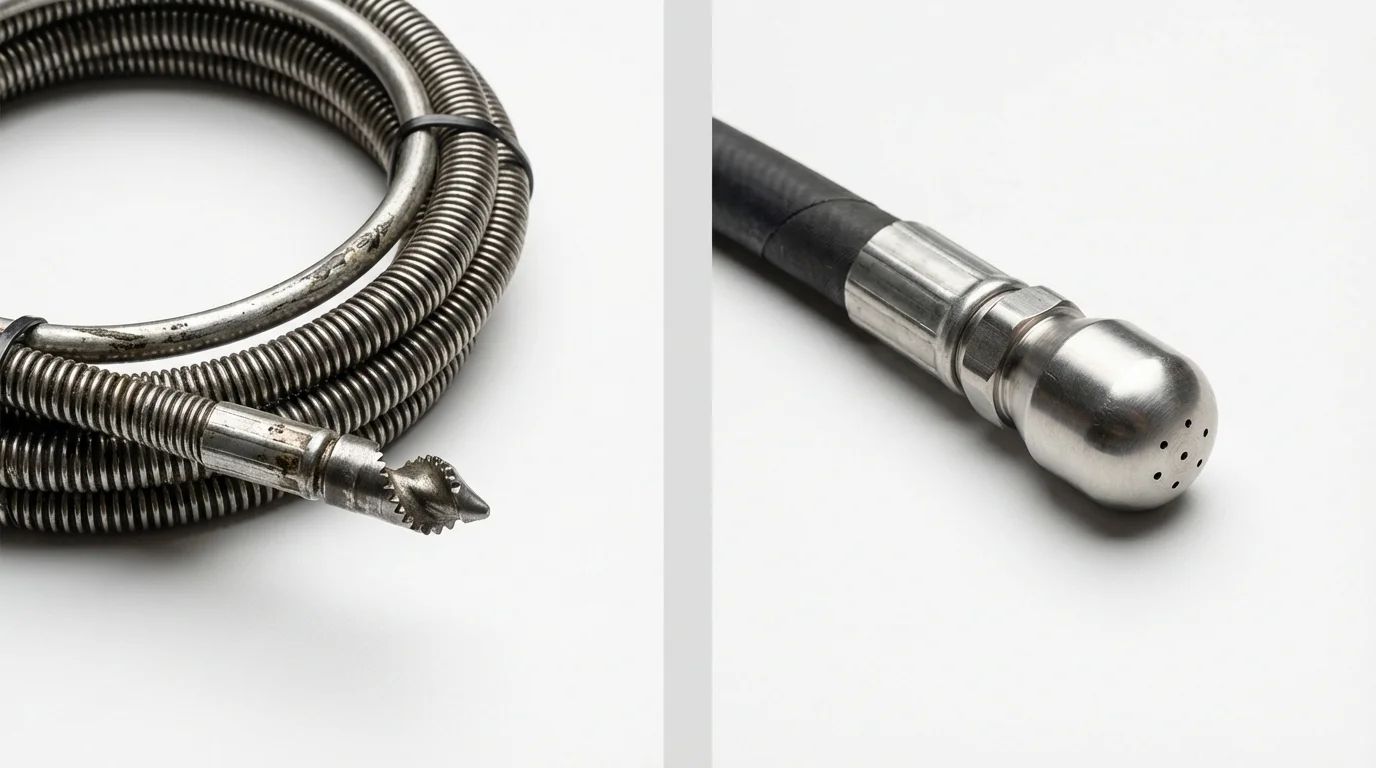 Drain snake cable and hydro jetting nozzle used for drain cleaning in McClusky, ND