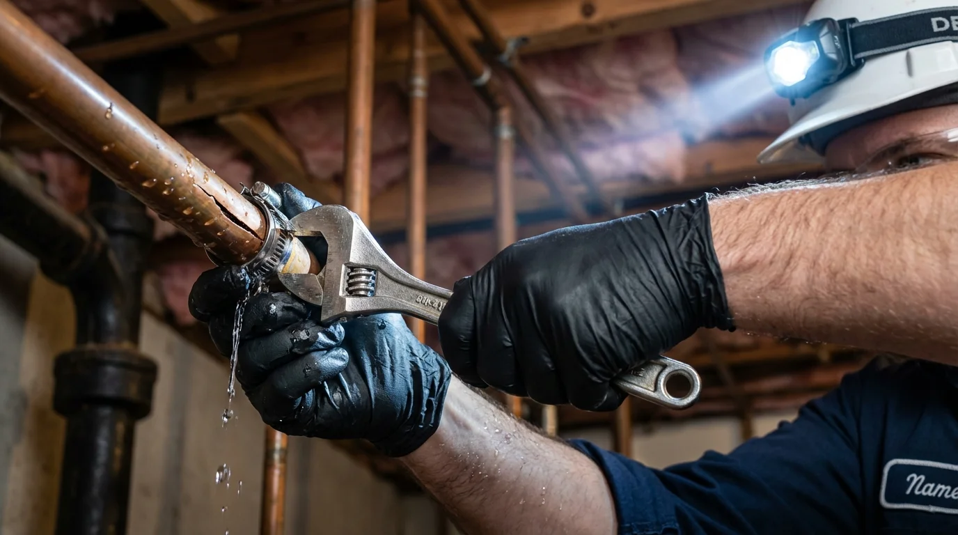 Emergency pipe clamp repair being performed by a Johns Plumbing LLC plumber in McClusky