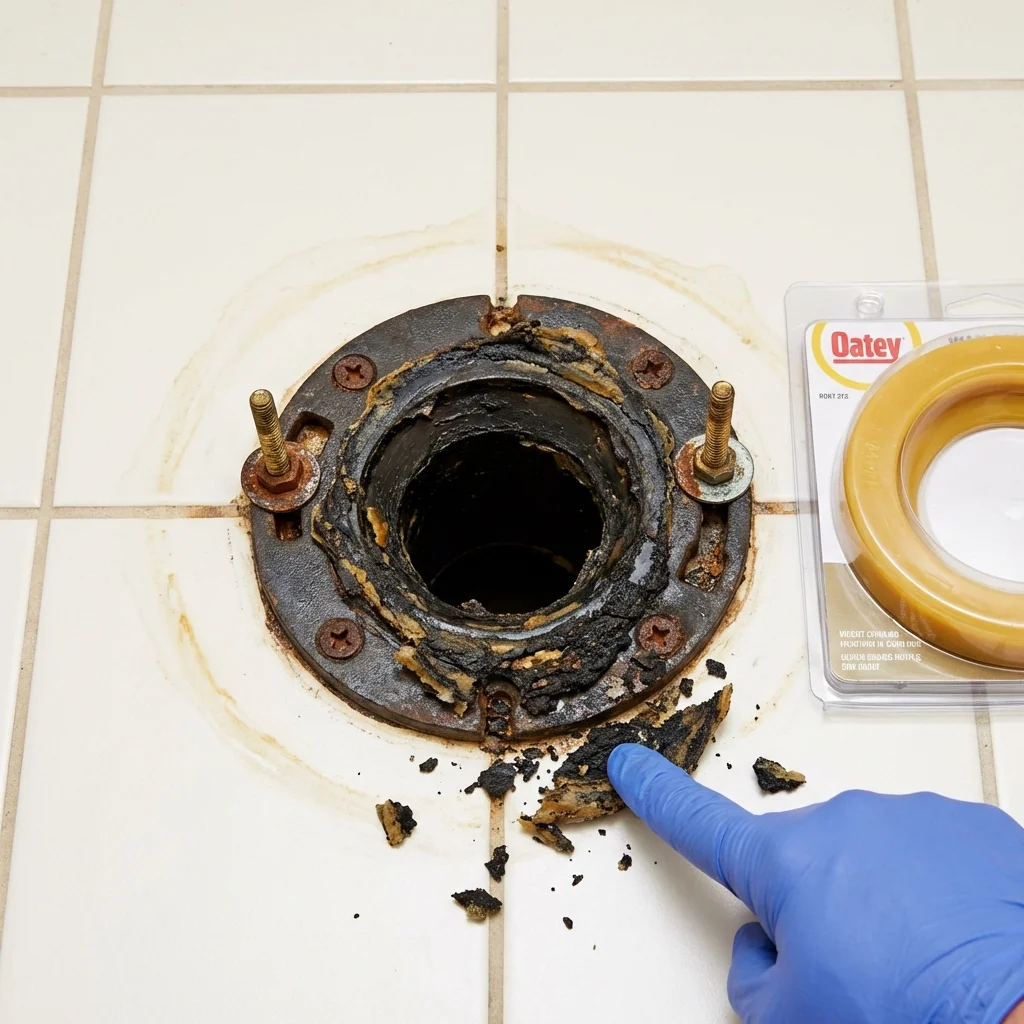 Failed wax ring showing water seepage at the base of a toilet in a McClusky, ND home