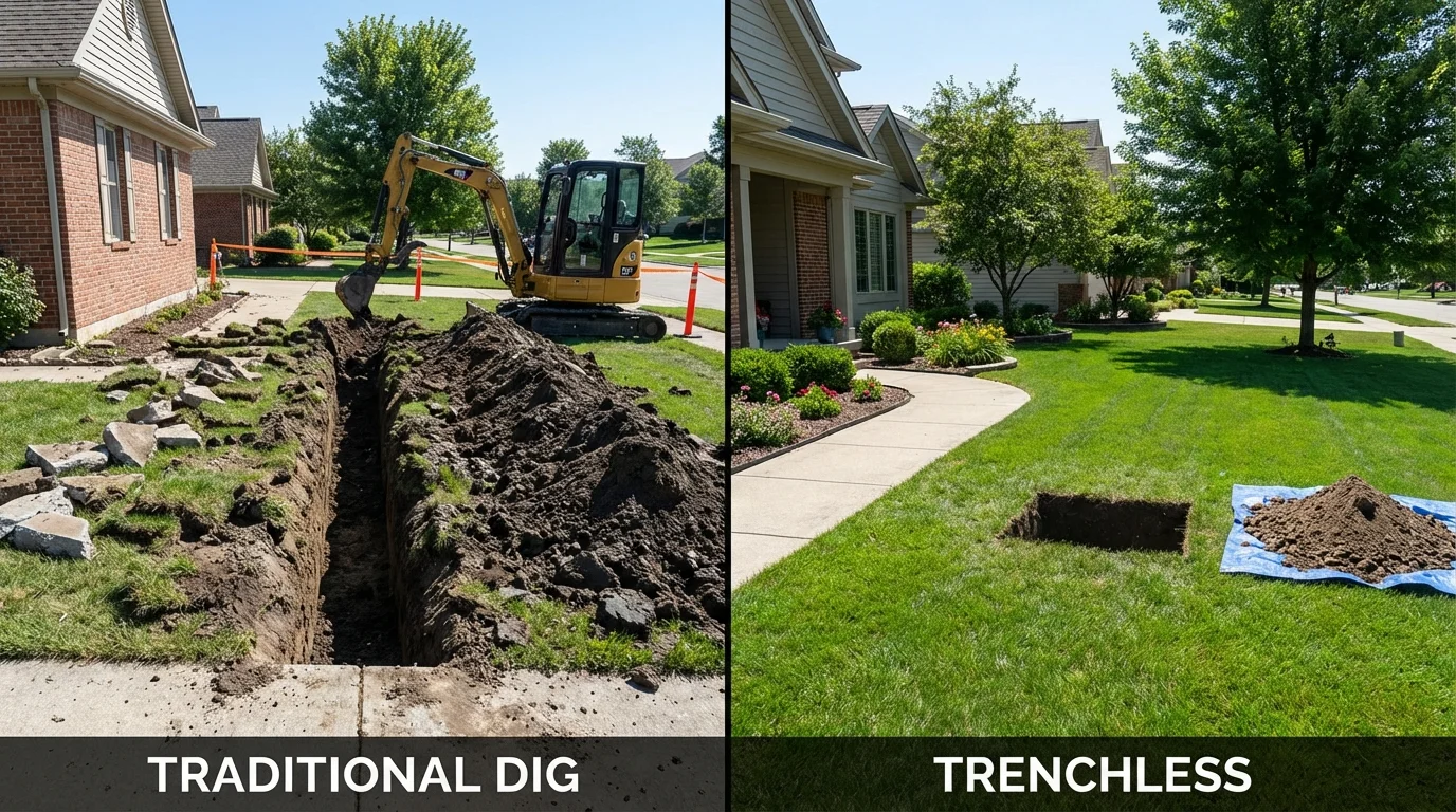 Trenchless sewer repair with minimal yard damage versus traditional excavation in McClusky, ND